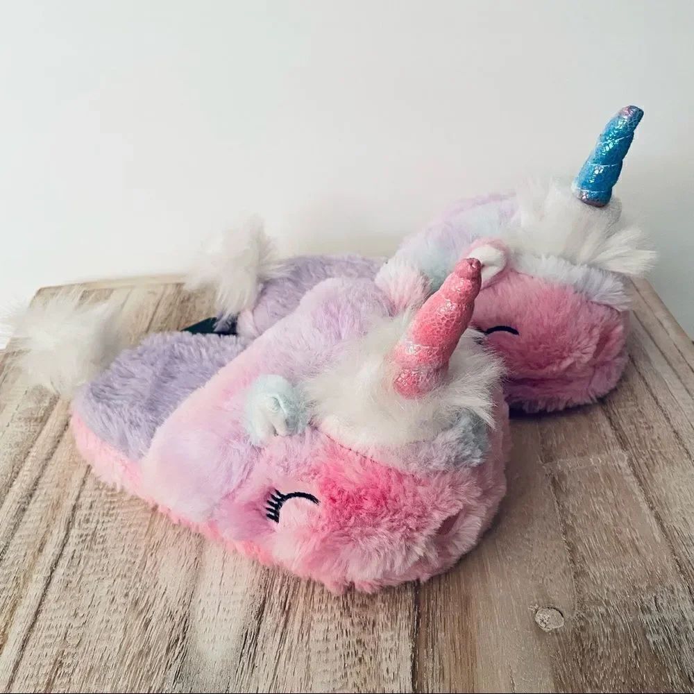 NWT Wonder Nation Sz 11-12 Big Girl's Unicorn Scuff Pink,Lilac,Blue Slippers New